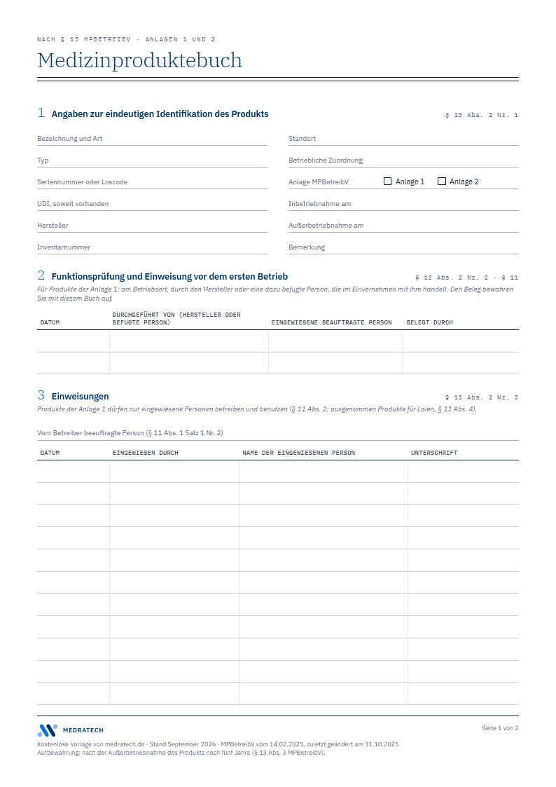 Erste Seite der Vorlage Medizinproduktebuch: Abschnitt 1 Angaben zur Identifikation des Produkts, Abschnitt 2 Funktionsprüfung und Einweisung vor dem ersten Betrieb, Abschnitt 3 Einweisungen mit Spalten für Datum, Einweisenden, eingewiesene Person und Unterschrift.